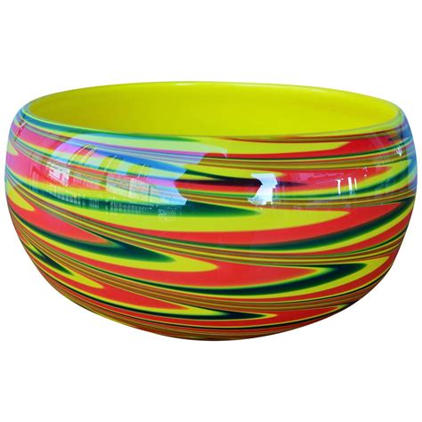 Large Dramatic Murano Cased Glass Swirl Bowl In Yellow Red And Green