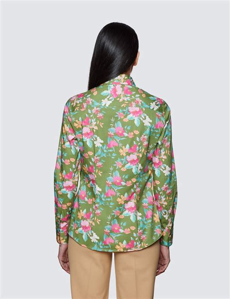 Womens Green And Pink Floral Print Semi Fitted Cotton Stretch Shirt