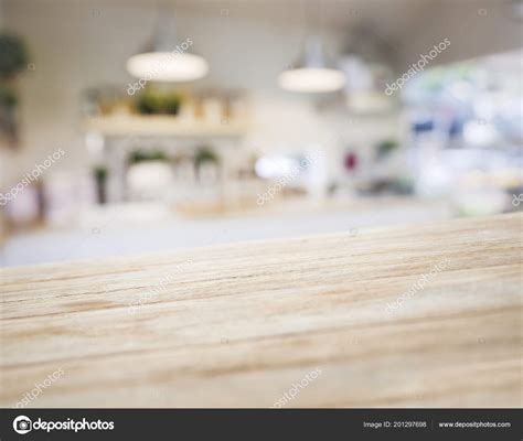 Table Top Wooden Counter Blur Kitchen Pantry Shelf Lighting Background