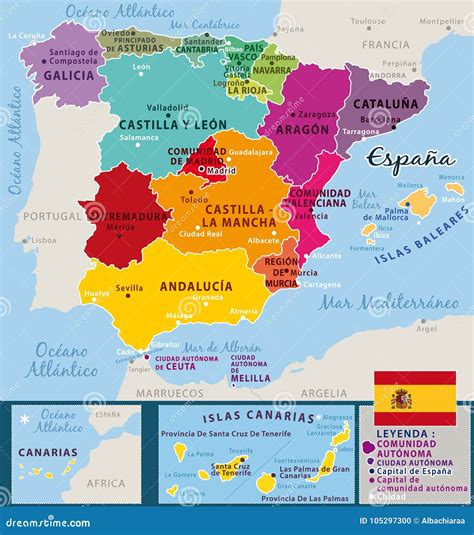 Colorful Map Of Spain Federal Countries And Important Cities Stock