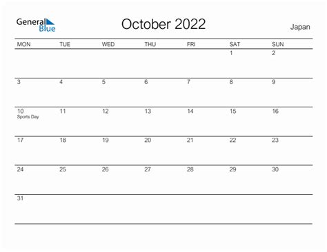 October 2022 Japan Monthly Calendar With Holidays