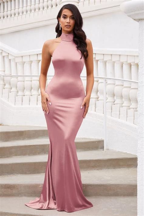 Blush Pink Satin Halter Neck Maxi Dress In Satin Dress Long