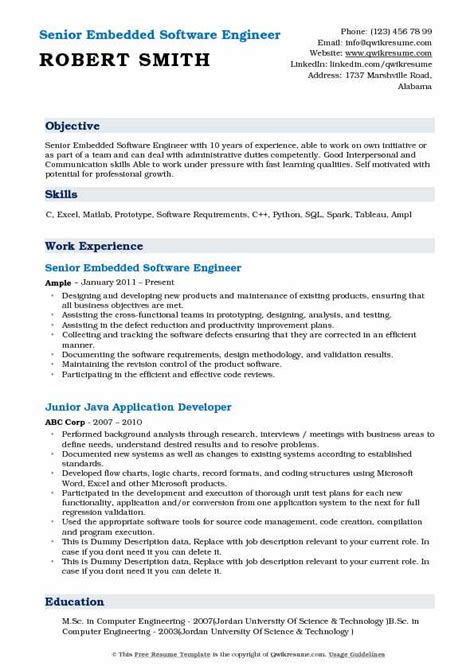 Software engineer resume objective example. Embedded Software Engineer Resume Samples | QwikResume
