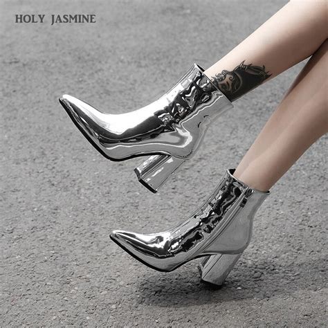 eilyken sliver gold women ankle boots pointed toe chunky high heel boots mirror metallic women