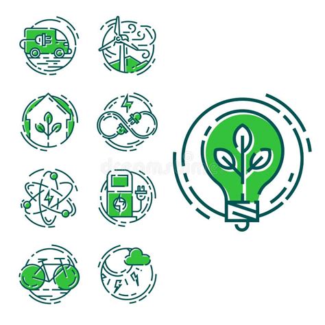 Green Ecology Energy Conservation Icons And Outline Style Ecological