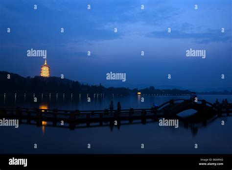 West Lake And Hangzhou Night Scenery Architecture Hi Res Stock