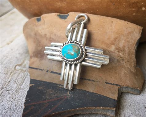 Sterling Silver And Turquoise Zia Pendant For Necklace Native America