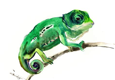 Chameleon Original Watercolor Painting Whimsical Green Art Lizards