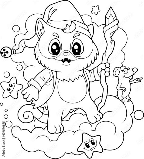 Cartoon Cute Cat Wizard Coloring Book Funny Illustration Stock Vector