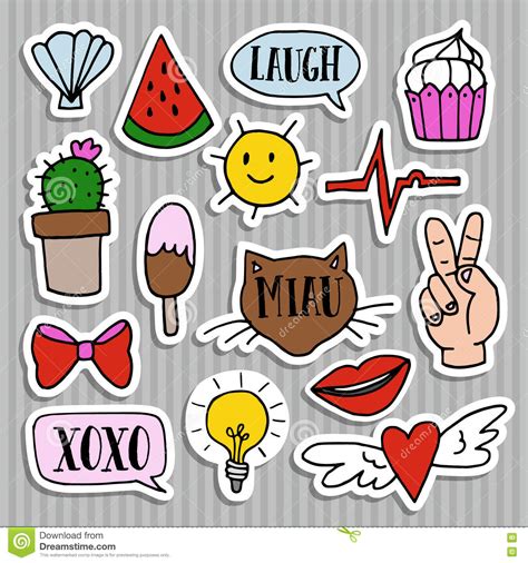 Set Of Fashion Patches Badges Pins Stickers Cool Trendy Hand Drawn