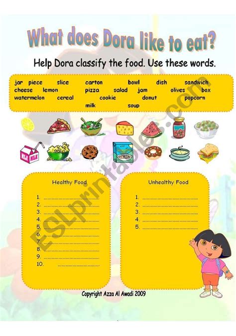 Once you realize the difference between unhealthy and healthy food, you might wonder how you can eat more good foods in your diet. Healthy and Unhealthy food - ESL worksheet by Azza_20