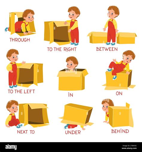 Learning prepositions with little boy. Visual educational guide