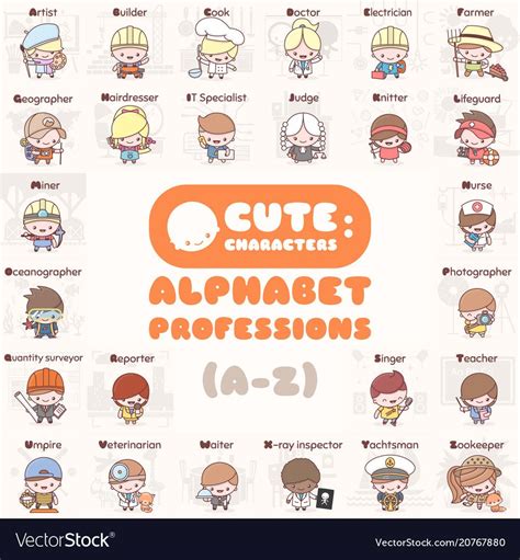 Cute Chibi Kawaii Characters Set Alphabet Professions Letters A To Z