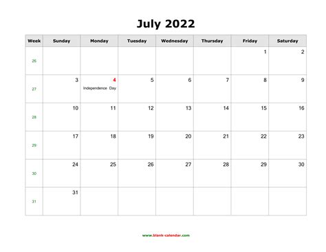 Download July 2022 Blank Calendar With Us Holidays Horizontal