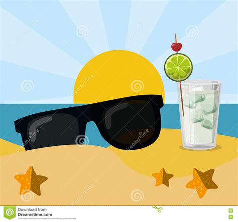Vacation Beach Sunglasses Cocktail Sun Sand Stock Vector Illustration