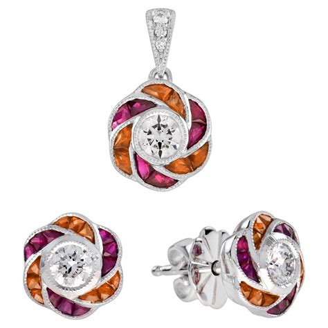 Ruby And Diamond 18 Carat White Gold Floral Earrings And Necklace Set