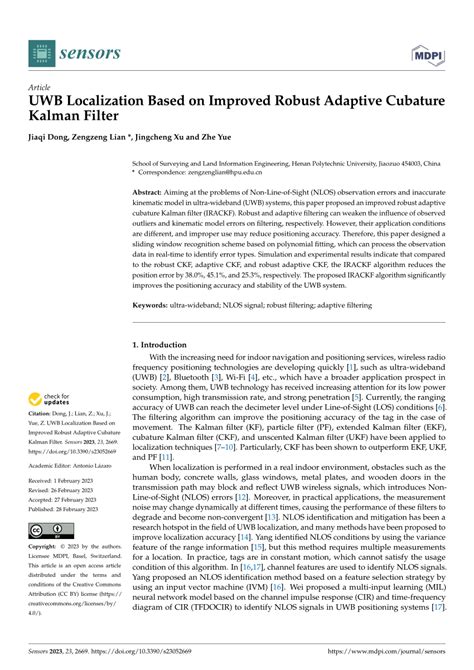 Pdf Uwb Localization Based On Improved Robust Adaptive Cubature Kalman Filter