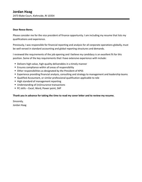 Vice President Of Finance Cover Letter | Velvet Jobs