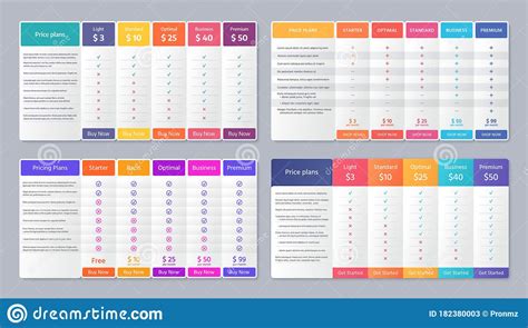 Price Table Comparison Template With 5 Columns Vector Illustration