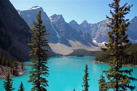 The Turquoise Water Of Moraine Lake In Banff National Park Stock Image