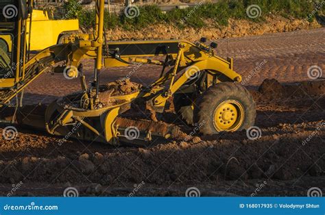 Grader Is Working On Road Construction Grader Industrial Machine On