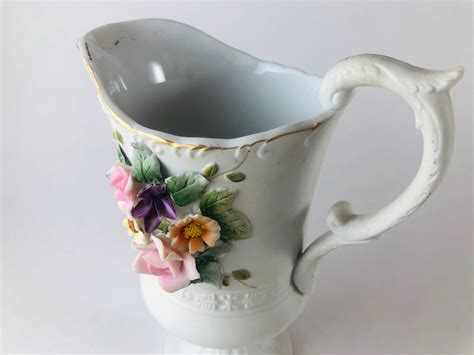 Vintage Lefton Small Pitcher With Raised Flowers Kw4496 Etsy