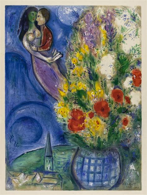 Marc Chagall Pair Of Lovers And Flowers Color Lithograph 1949 Cm