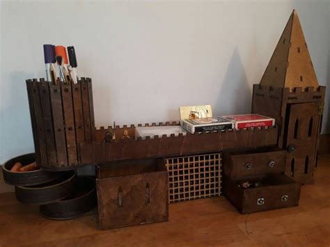 Large castle desk tidy: wooden desk organiser/jewellery or trinket box ...