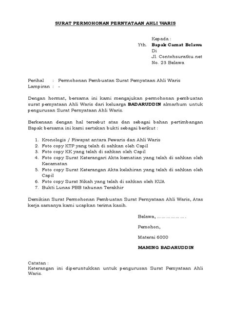 Formulir surat keterangan pindah datang; Contoh Surat Kuasa Pengurusan Akta Kematian