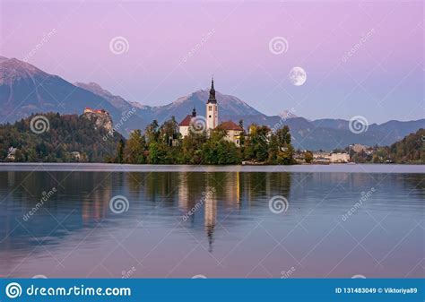 Beautiful Sunrise Landscape Of Famous Lake Bled In Slovenia With Small