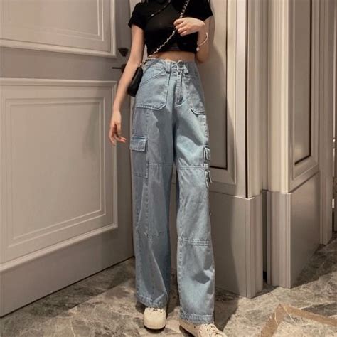 High Waist Loose Side Multi Pocket Cargo Jeans Pants SF Loveitbabe