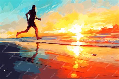 Premium Ai Image Painting Of A Man Walking On A Beach At Sunset