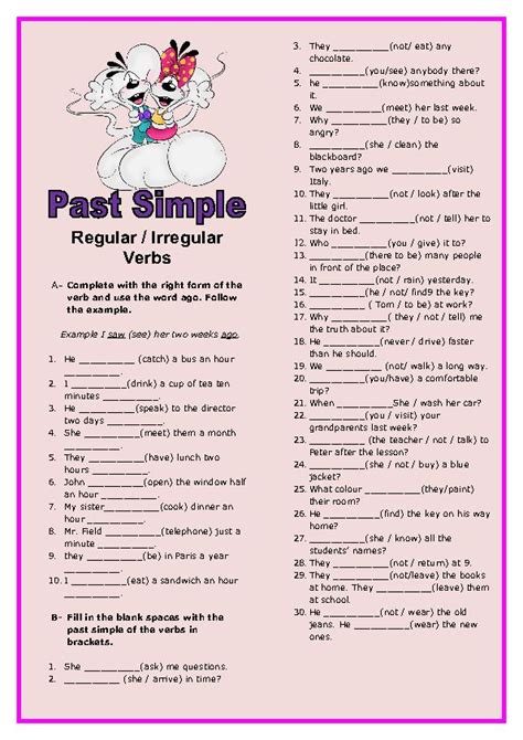 The Past Simple Regular Irregular Verbs Worksheet Is Shown In Pink And