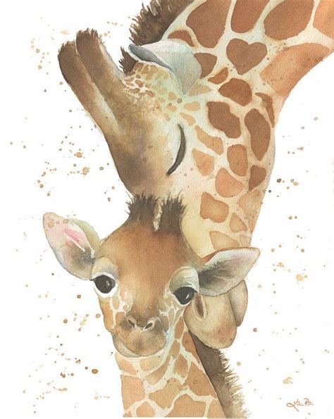 The mini animals cats are amazing soft. Giraffe mom and baby watercolor, mom nuzzling baby, by ...