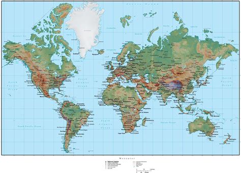 World Map Plus Terrain Europe Centered Mercator Projection