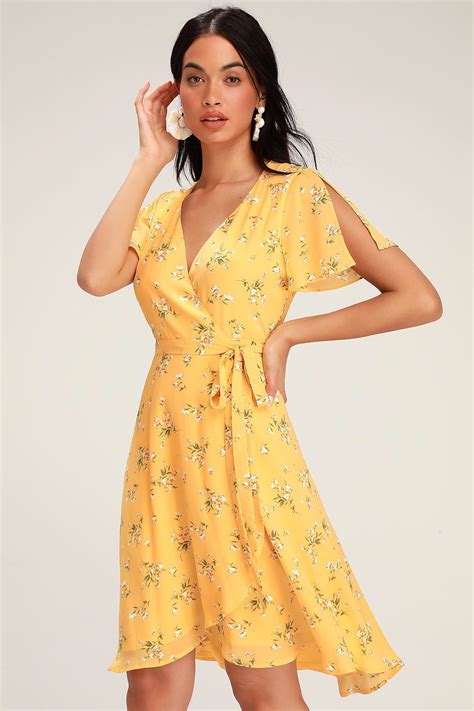 Lovely Yellow Floral Print Dress Midi Wrap Dress Midi Dress Yellow Flower Print Dress