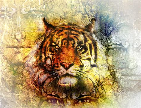 Painting Of A Bright Mighty Tiger Head On Ornamental Background And