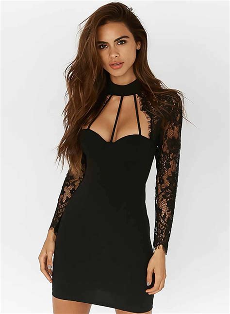 Womens Solid Long Sleeve Lace Mini Bodycon Dress