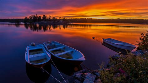 Lake Water Calm Sunset Harmony Orange Sky Dusk Sweden Evening