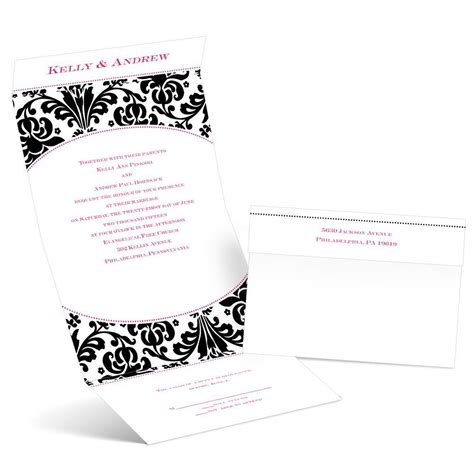 All of the essential pieces are in one convenient invitation design, which includes wedding wording, reception wording and a response postcard. Damask Arch - Ebony - Seal and Send Invitation | Wedding ...