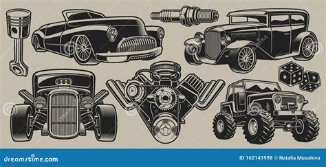 Set Of Vector Classic Cars And Parts Illustrations In Vintage Style