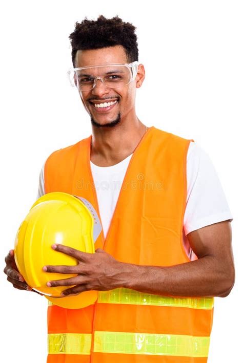 Thoughtful Happy African Man Construction Worker Smiling While H Stock