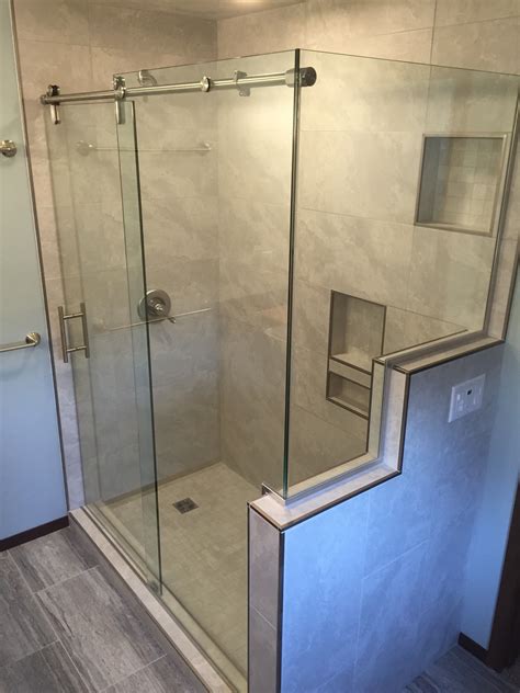 Barn Style Sliding Shower Door With A Notched Return Panel Bathroom Design Master Bath