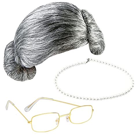Cooraby 3 Pieces 100 Days Of School Grey Wig Grandma Wig Granny Glasses Artificial Pearl