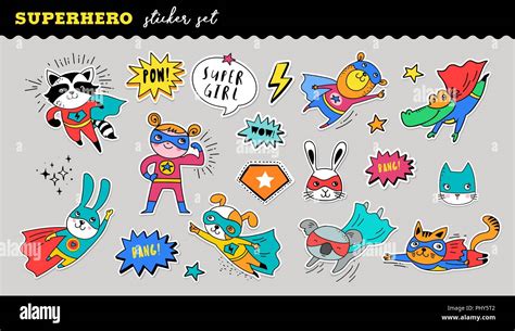 Superhero Animals Cute Sticker Collection Vector Hand Drawn