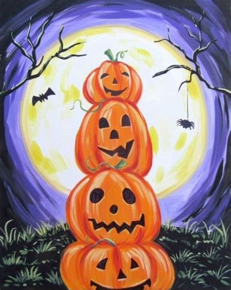 A Painting Of Pumpkins Stacked On Top Of Each Other In Front Of A Full Moon