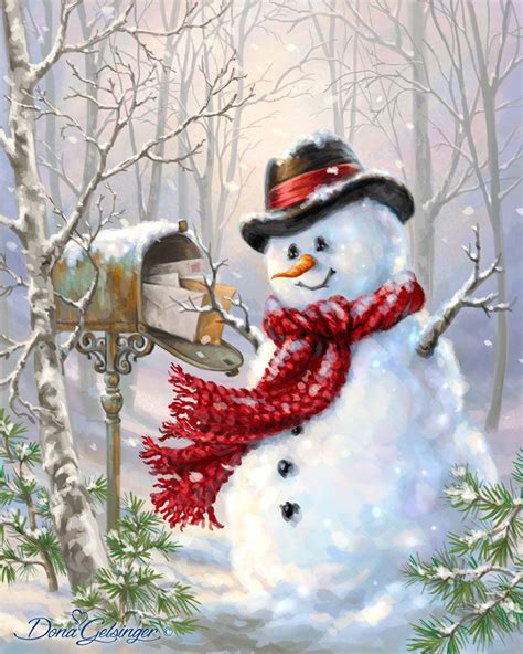 A Snowman With A Red Scarf And Hat Next To A Mailbox In The Woods
