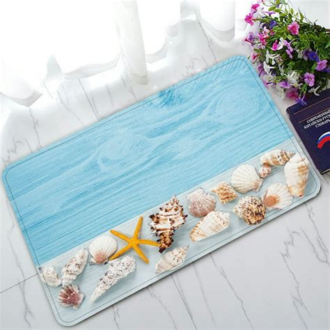 Phfzk Ocean Beach Theme Doormat Starfish And Seashells On Blue Wooden