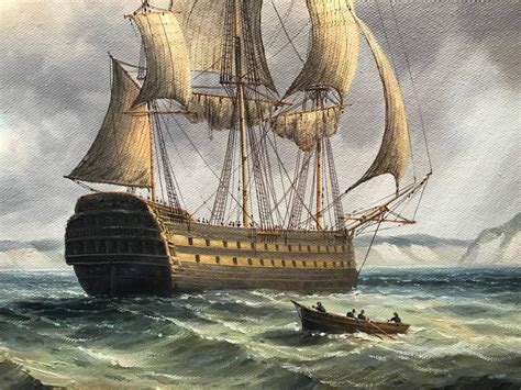 James Hardy Napoleonic Warship In Seas Off Coastline Fine Oil