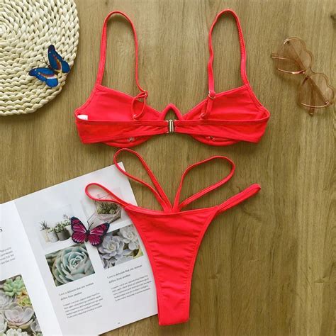hollowed red sexy bikini set women string swimsuit push up swimwear 2020 tied thong brazilian